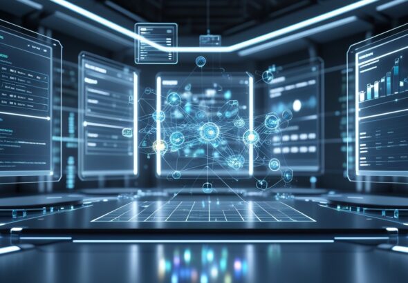 벤더 정산 API 호출 우선순위 자동 스케줄러 시스템의 3D 디지털 네트워크와 흐름도가 보이는 장면