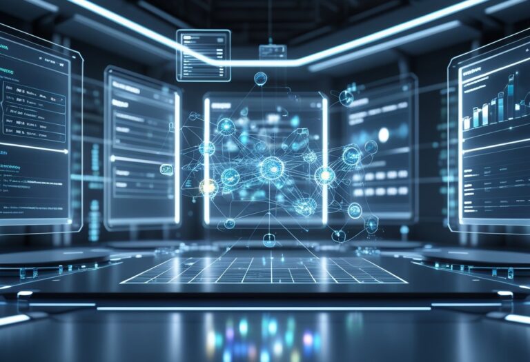 벤더 정산 API 호출 우선순위 자동 스케줄러 시스템의 3D 디지털 네트워크와 흐름도가 보이는 장면