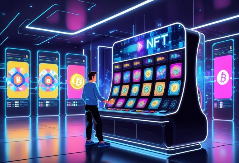 NFT 전시 공간과 온라인 슬롯 게임 인터페이스가 결합된 디지털 환경을 보여주는 장면
