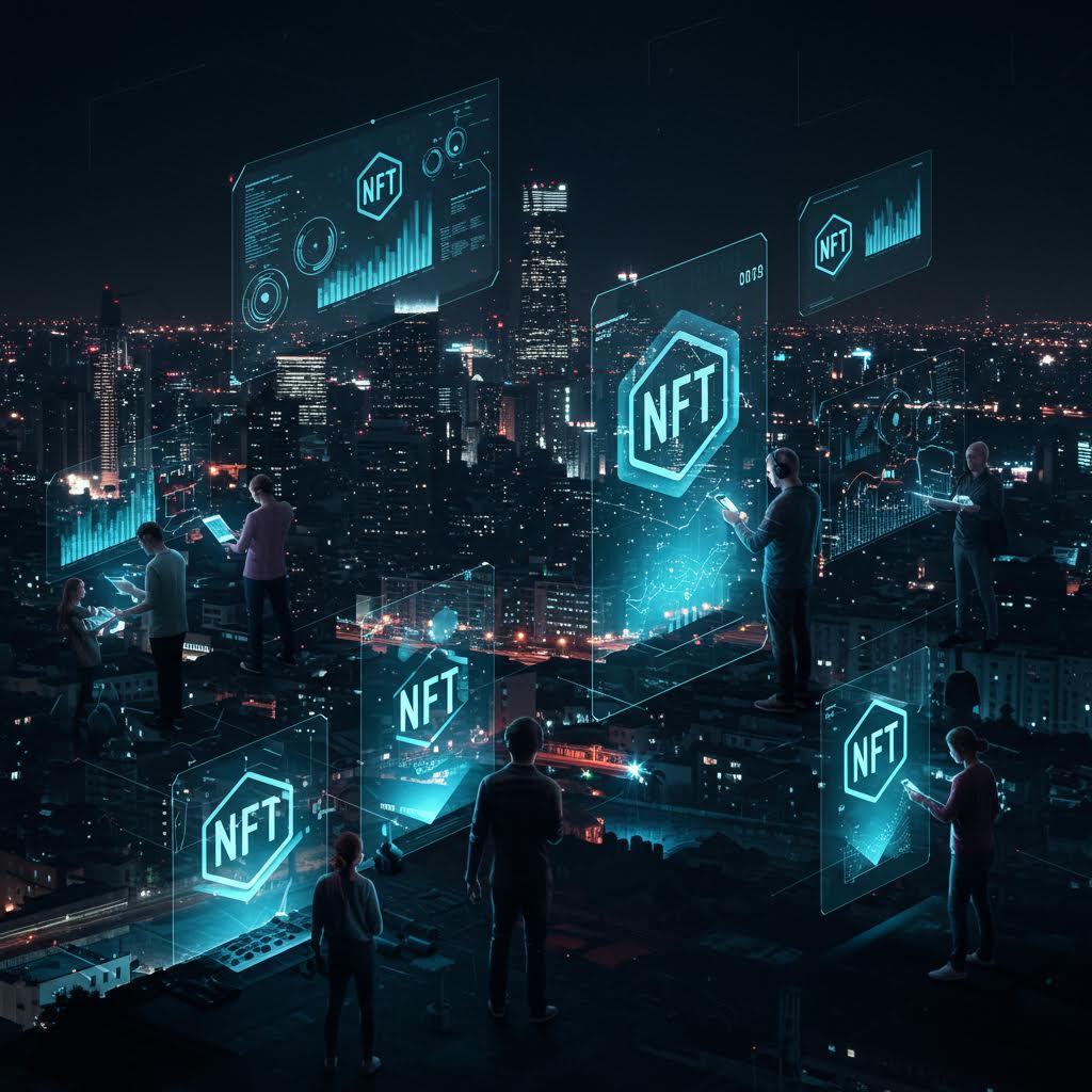 도시의 야경과 투명한 패널이 겹쳐 NFT 네트워크가 확장되는 미래적 모습
