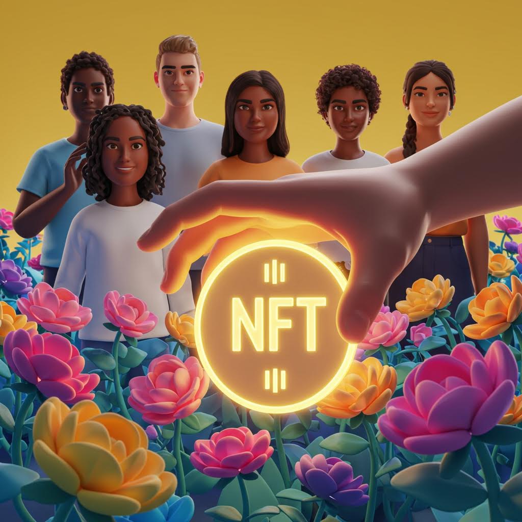 형형색색의 꽃밭 위로 빛나는 NFT 코인이 루믹스의 솔루션처럼 새로운 연결을 피워내는 상징의 순간