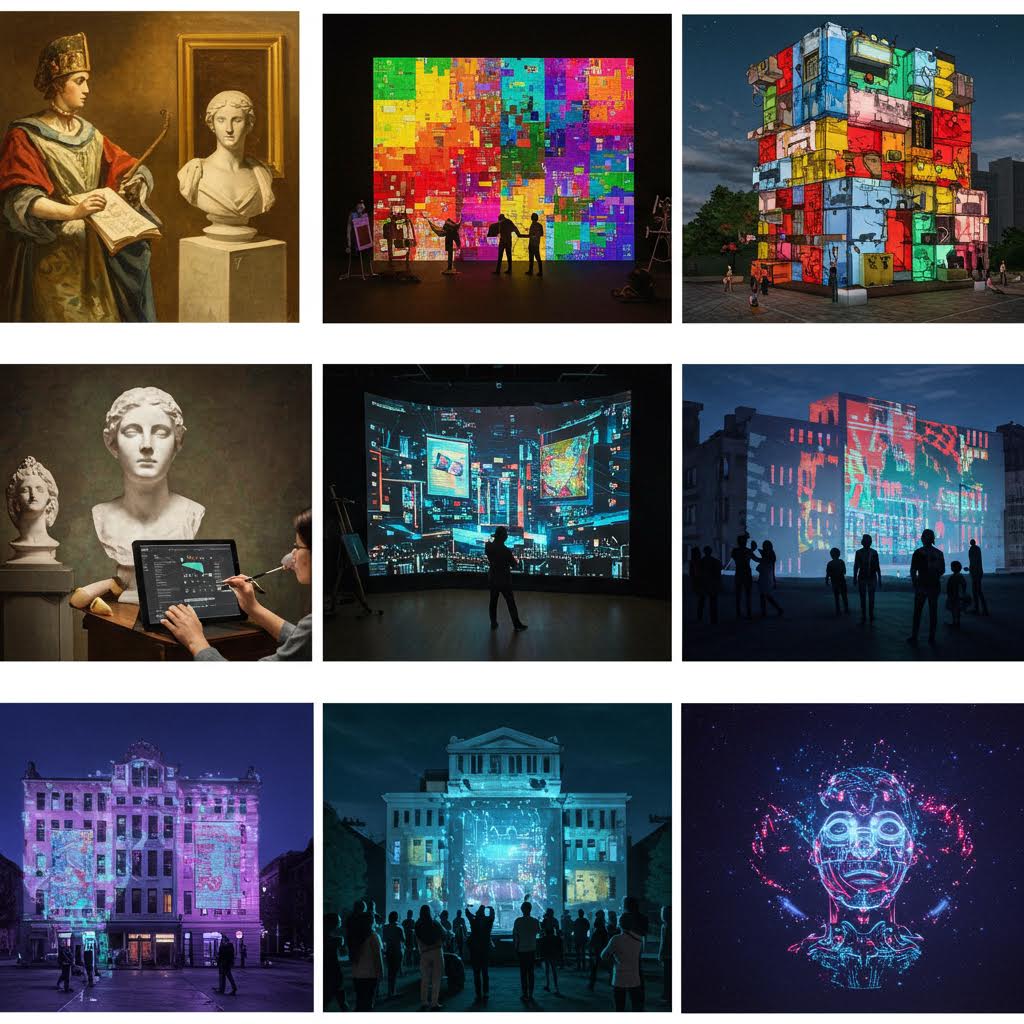 전통 예술과 디지털 미디어 아트가 결합된 전시 공간의 모습으로, 루믹스의 예술적 데이터 시각화 기술이 구현된 장면이다.