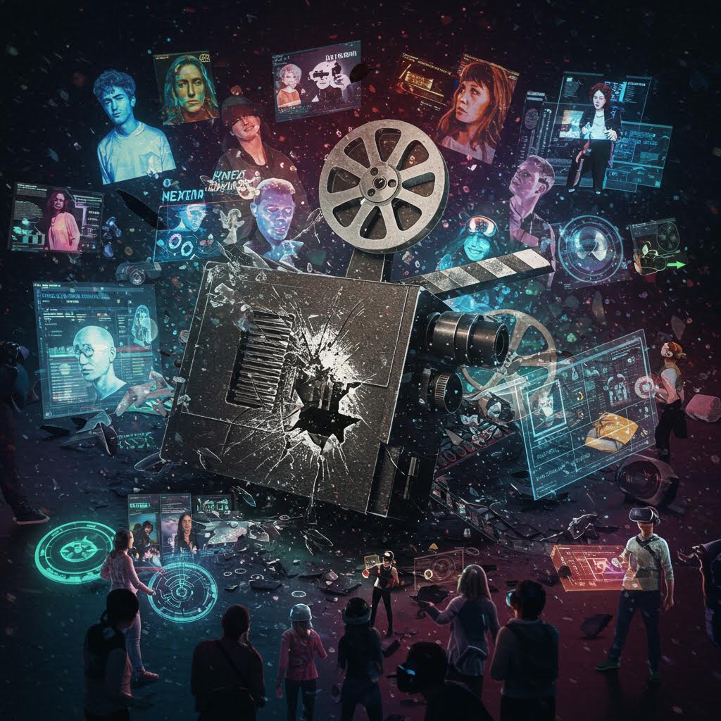 부서진 오래된 필름 프로젝터에서 빛나는 홀로그램 인물·영화 장면·VR 기기들이 터져 나오고, 아래로 사람들이 둘러싸고 있다. 전통 영화에서 디지털·메타버스 엔터테인먼트로의 전환.