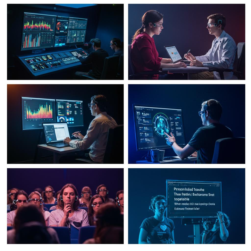 사람들의 집중된 표정과 모니터 속 신호 그래프가 맞물리며 인간 인식의 메커니즘을 탐구하는 장면