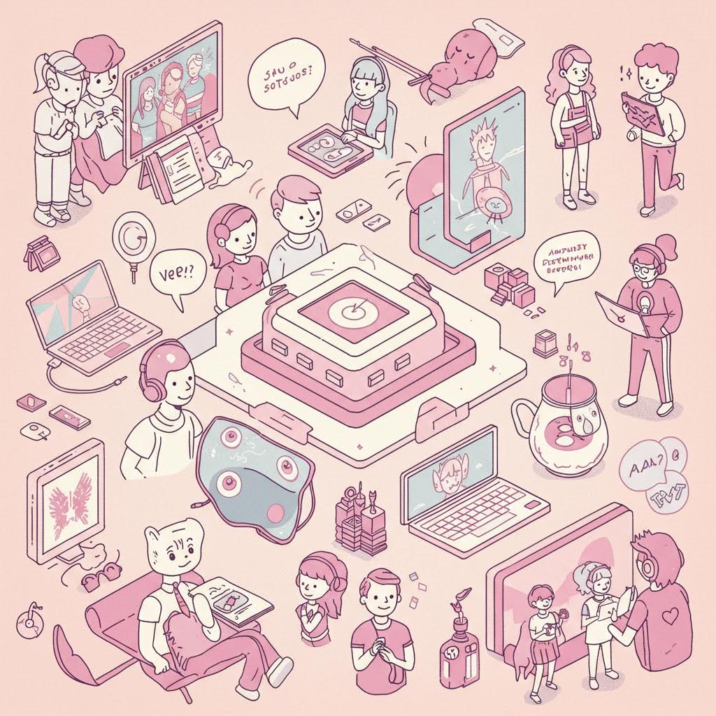 핑크 톤 일러스트: 수십 명의 캐릭터가 노트북·스마트폰·VR 헤드셋·게임 컨트롤러를 들고, 중앙의 거대 기계 주위에 모여 있다. 디지털 네이티브 세대의 온라인 커뮤니티와 크리에이티브 작업.