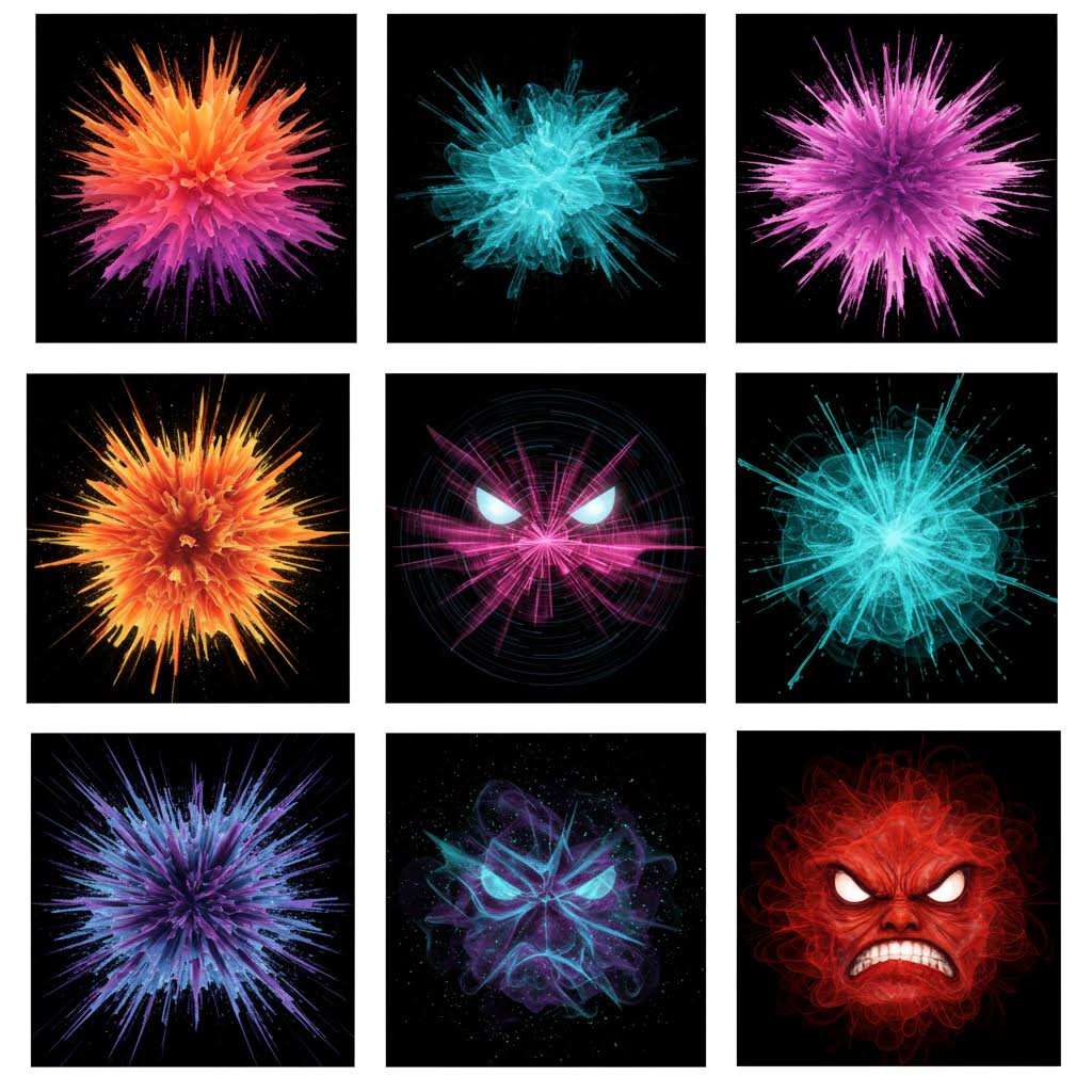 9개의 검정 배경 추상 아트: 폭발하는 색채의 에너지 구체들이 점차 눈·얼굴·감정 표현으로 변형. 디지털 아트와 AI 생성 이미지의 창의적 가능성을 보여주는 시리즈.