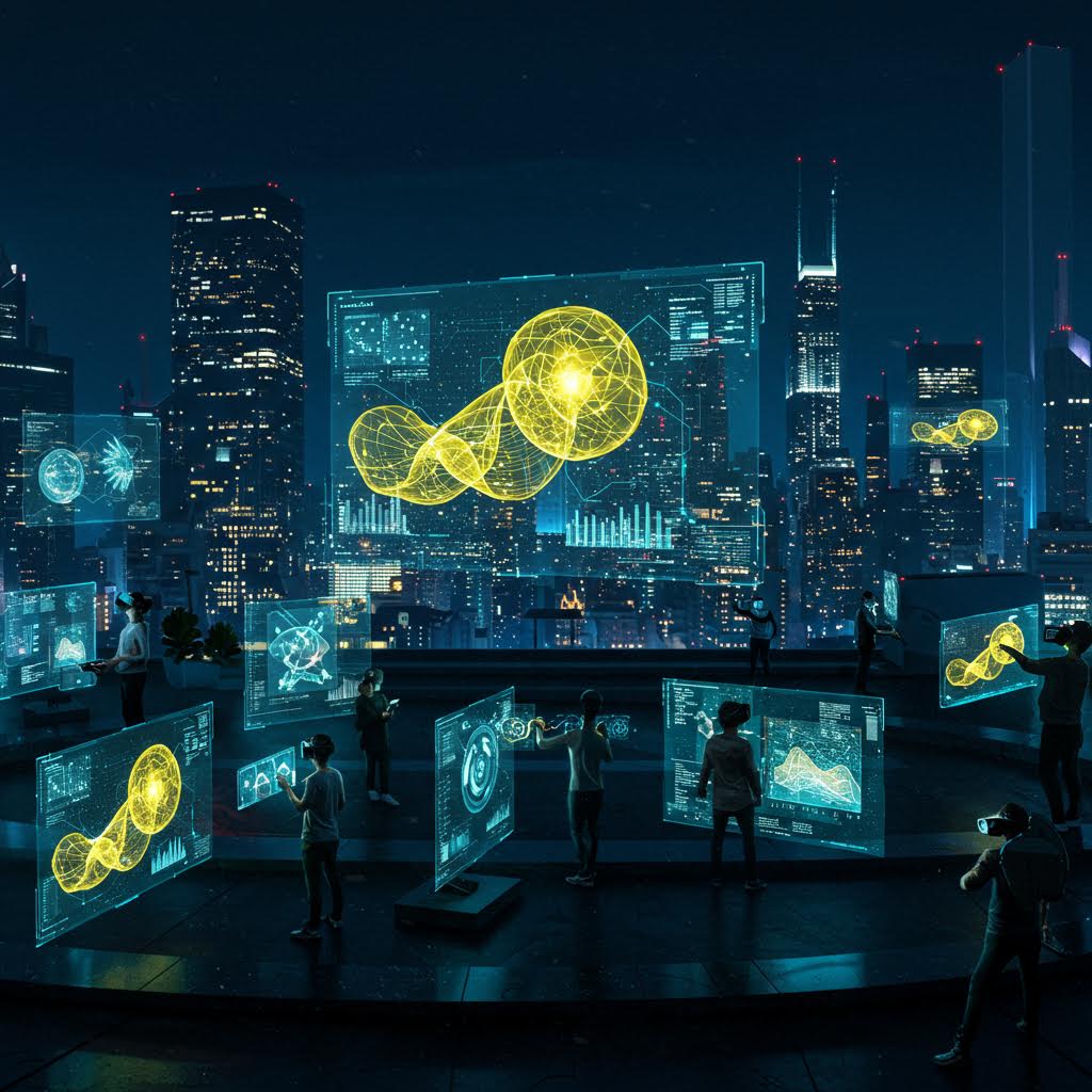 도시 야경 속에서 사람들이 홀로그램 데이터와 과학 시각화를 분석하는 장면으로, 루믹스의 첨단 데이터 비주얼라이제이션 기술을 보여준다.