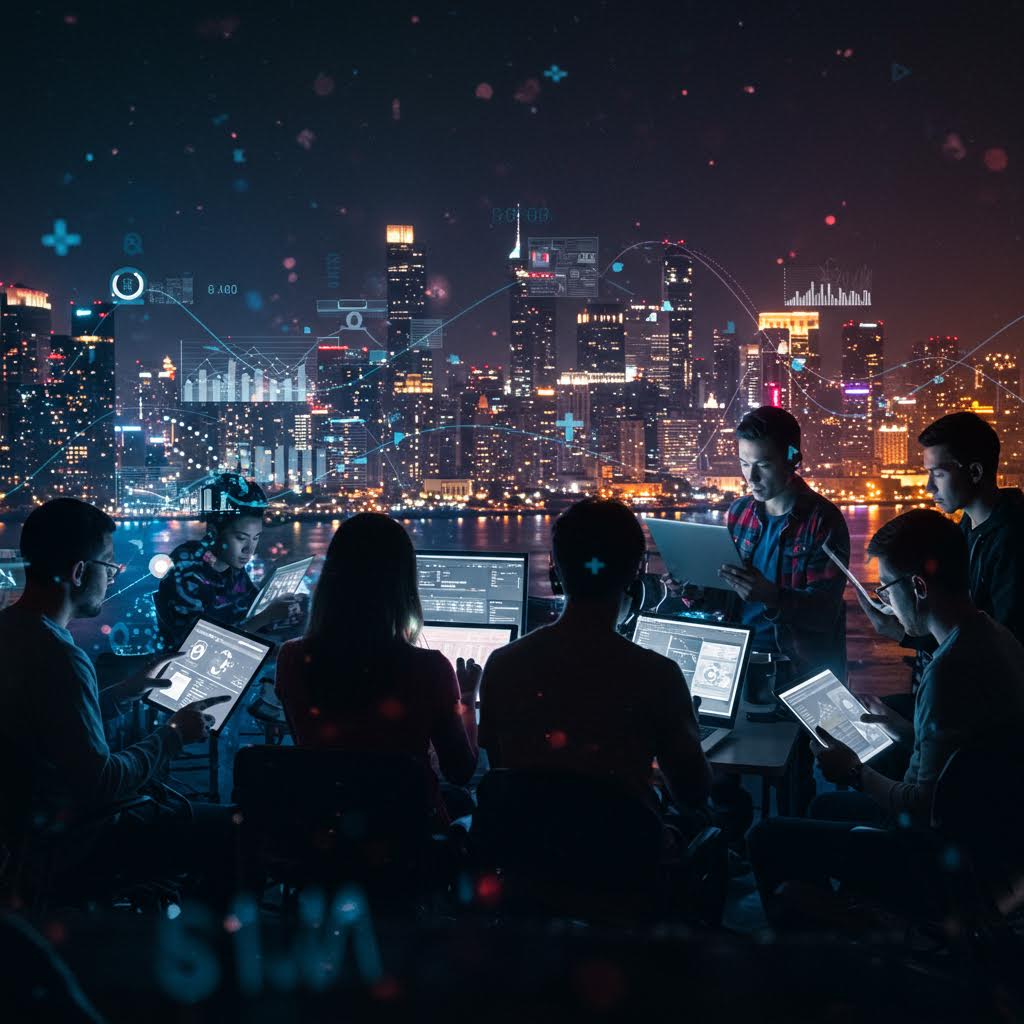 야간 도시 전경을 배경으로, 7명의 젊은 팀원이 노트북·태블릿·스마트폰을 들고 모여 있다. 공중에 떠 있는 데이터 그래프·아이콘·네트워크 선들이 디지털 혁신과 협업을 상징.