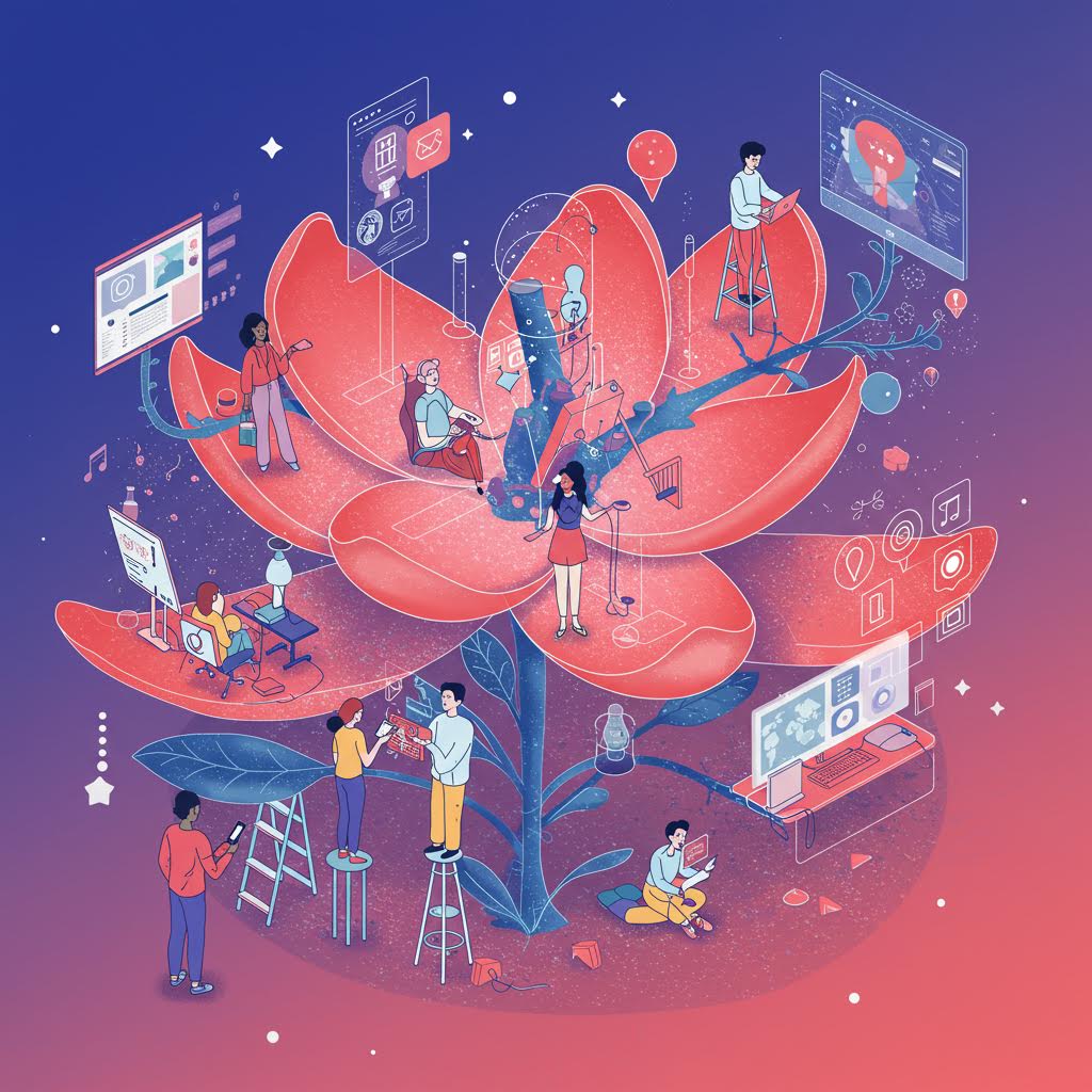 거대한 꽃 위에서 사람들이 기술, 예술, 데이터 작업을 함께 수행하는 협업 장면으로, 루믹스의 창의적 융합과 디지털 혁신 생태계를 상징적으로 표현한 이미지.