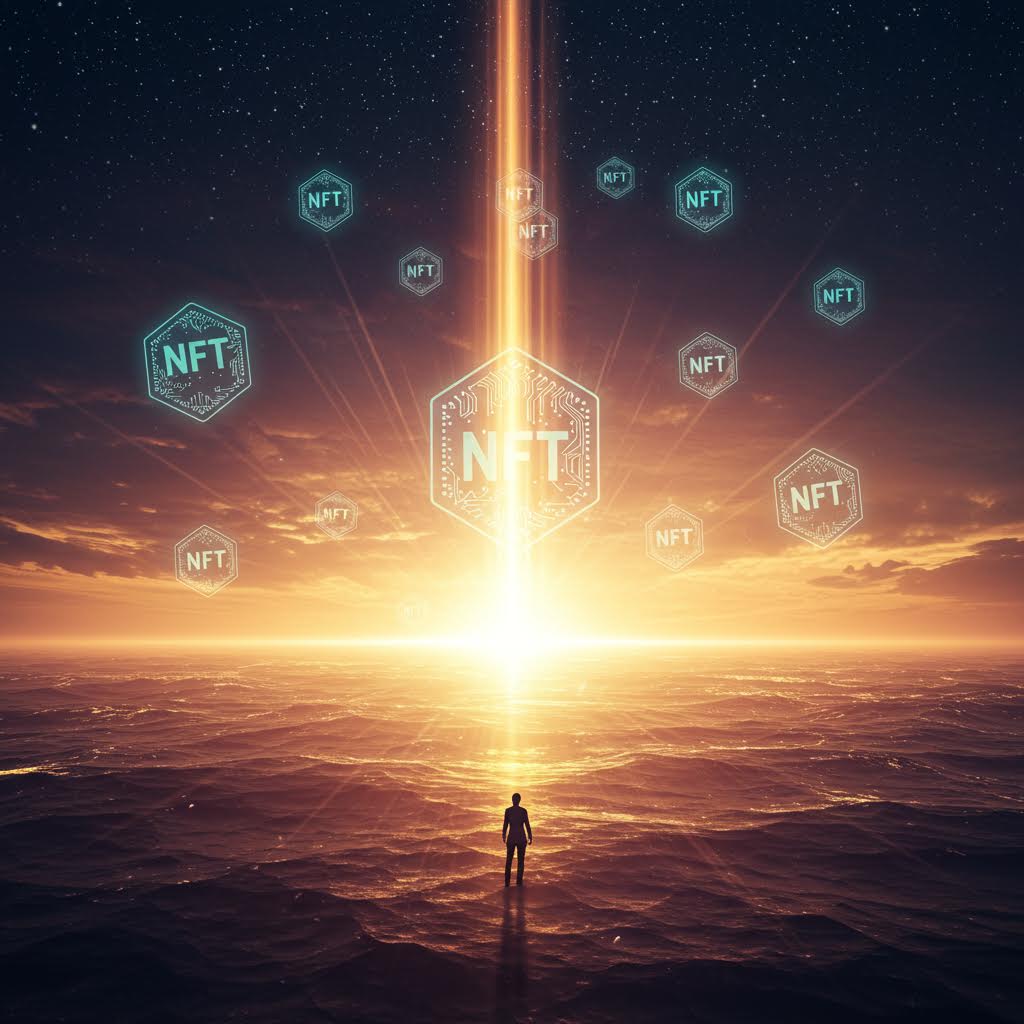 석양빛 바다 위 인물이 거대한 빛줄기와 함께 떠오른 NFT 아이콘을 바라보는 장면은 루믹스 솔루션이 운영하는 구축 방식을 은유하는 모습