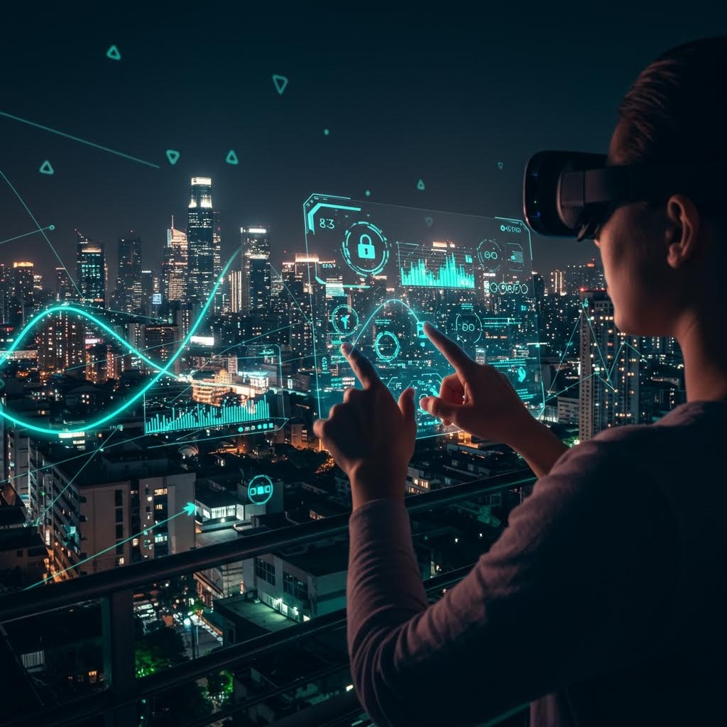 야경 도시 위에 보안 자물쇠, 차트 및 데이터 연결을 포함한 홀로그래픽 인터페이스와 상호 작용하는 VR 헤드셋을 착용한 사람