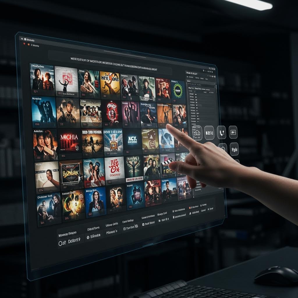 영화 및 시리즈 포스터 그리드가 표시된 대형 투명 스크린에서 콘텐츠를 선택하는 손