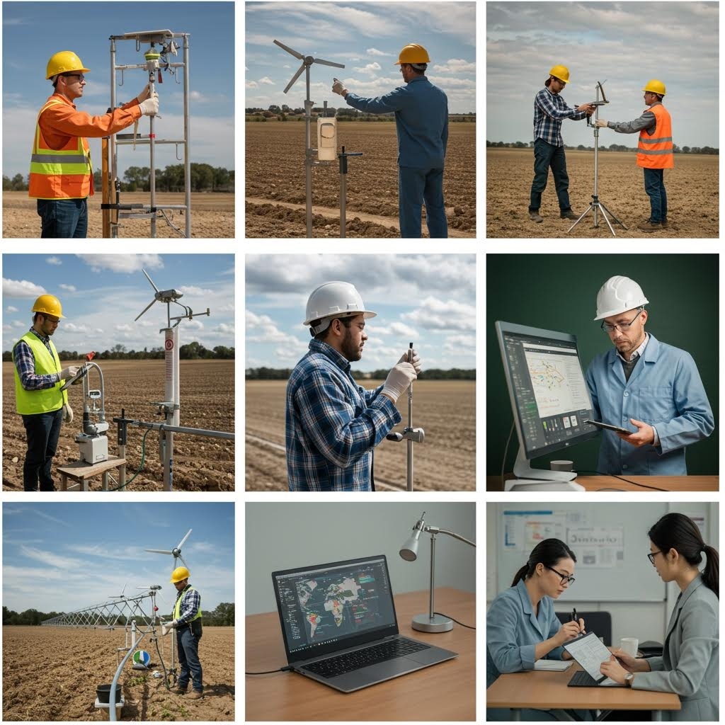 현장에서 환경 센서 및 장비를 사용하고 사무실에서 데이터를 분석하는 엔지니어와 기술자들을 보여주는 9개의 이미지 그리드
