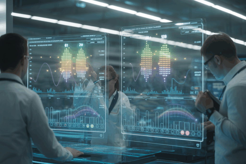 연구진이 생체 신호와 패턴 그래프가 표시된 홀로그램 패널을 보며 데이터를 비교·분석하는 미래형 실험실 화면.