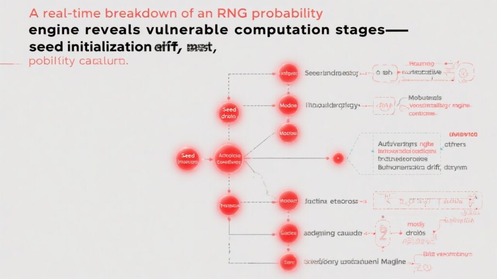 RNG 연산 단계의 취약 지점과 시드 초기화 흐름을 강조한 붉은 톤의 분석 다이어그램.