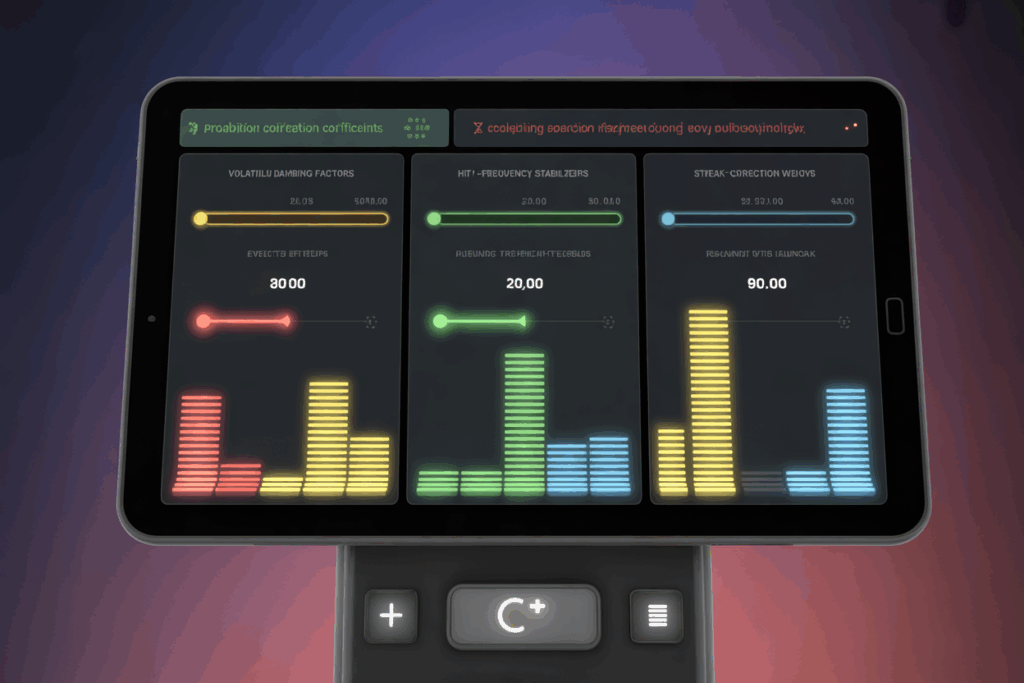 터치 패널에 감쇠율·빈도 안정화·연속성 보정값이 그래픽 바 형태로 나타난 분석 화면.