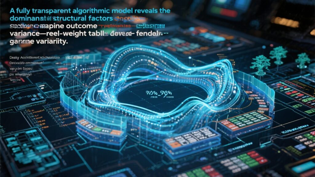 투명한 알고리즘 모델이 게임 결과 구조와 확률 변동을 3D 곡선으로 표현한 고급 데이터 분석 화면.