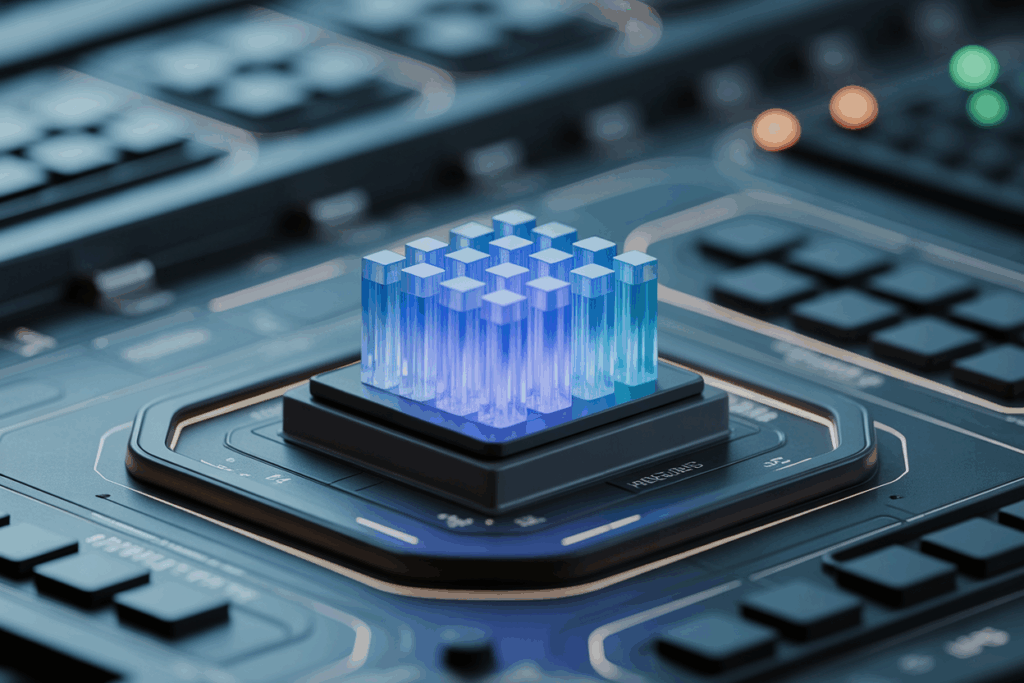 기계 장비 위에서 파란빛이 퍼지는 기술 모듈이 데이터 처리 기능을 수행하는 미래형 장비 구조.