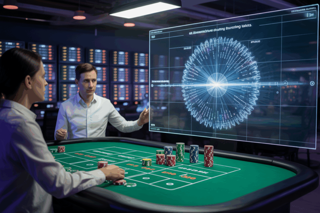 카지노 테이블에서 플레이어들이 대형 홀로그램 분석 패널을 보며 게임 패턴과 확률 변동을 검토하는 장면.