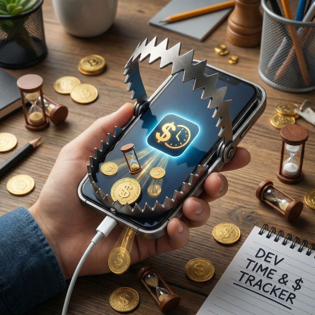 함정 모양의 스마트폰이 개발자의 시간과 돈을 상징하는 모래시계와 동전을 삼키는 모습이다.