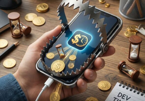 함정 모양의 스마트폰이 개발자의 시간과 돈을 상징하는 모래시계와 동전을 삼키는 모습이다.