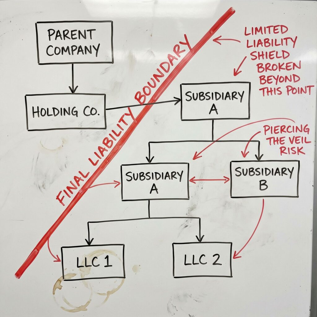 회사의 법적 구조 다이어그램에 최종 책임 경계를 나타내는 굵은 빨간 선이 표시된 모습이다.