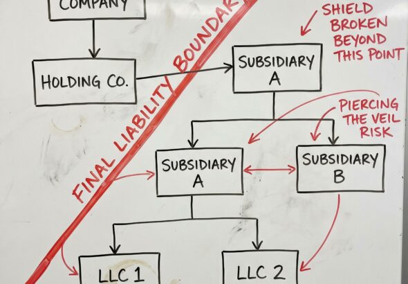 회사의 법적 구조 다이어그램에 최종 책임 경계를 나타내는 굵은 빨간 선이 표시된 모습이다.