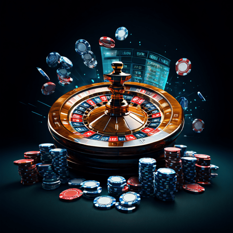 개념적인 분할 이미지로, 한쪽은 우아한 카지노 칩과 룰렛 휠, 다른 쪽은 스포츠 데이터와 배당률이 빽빽한 화면을 보여줍니다.