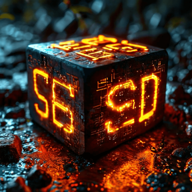 빛나는 디지털 주사위가 굴러가며 면마다 이진 코드가 표시되고, 시드가 혼란스러운 무작위 숫자와 기