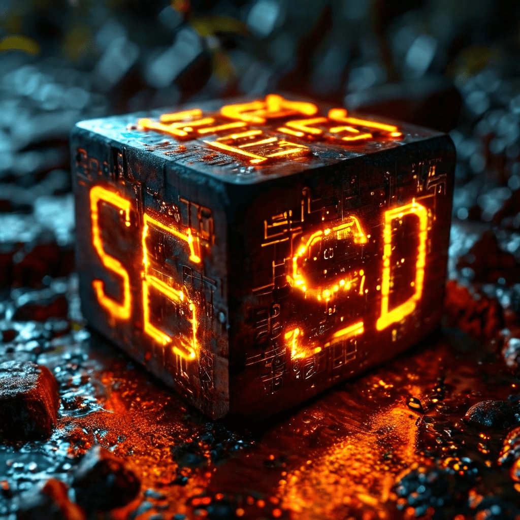 빛나는 디지털 주사위가 굴러가며 면마다 이진 코드가 표시되고, 시드가 혼란스러운 무작위 숫자와 기