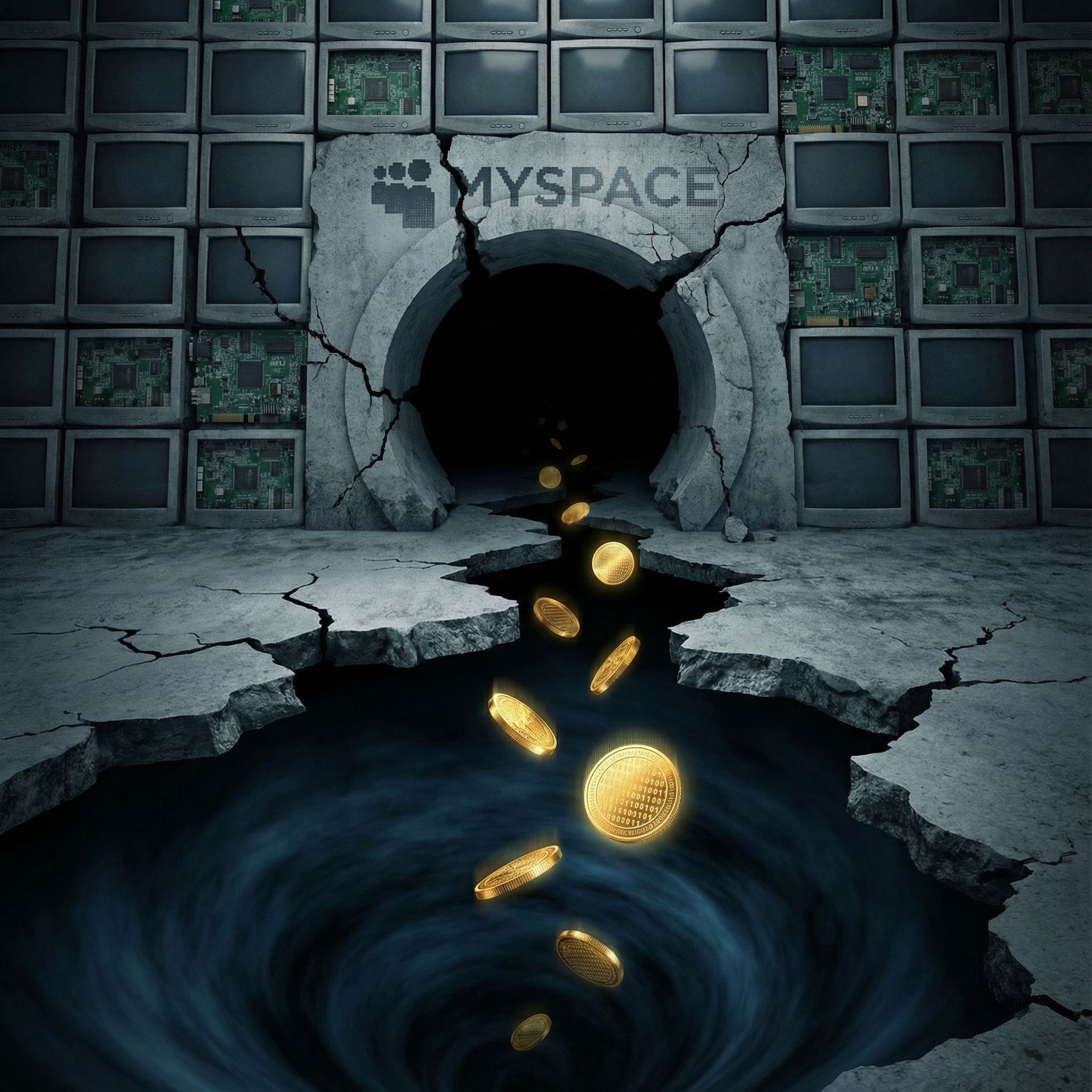 균열 난 바닥 아래로 어둠의 소용돌이가 열리고 금빛 조각이 빨려 들어가는 장면