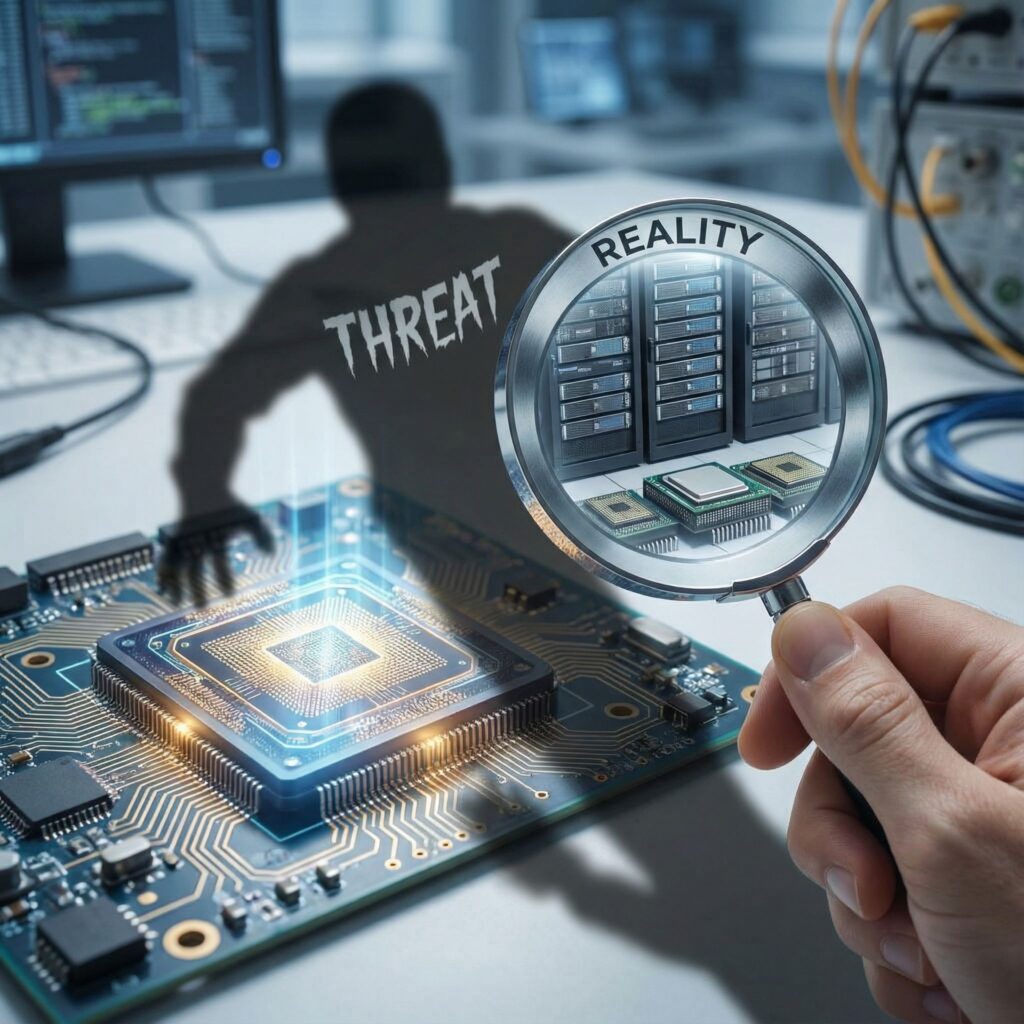 푸른빛을 내는 양자 컴퓨터 칩 위로 거대한 위협 그림자가 드리우지만, 확대경으로 실제 안정된 기술 모습이