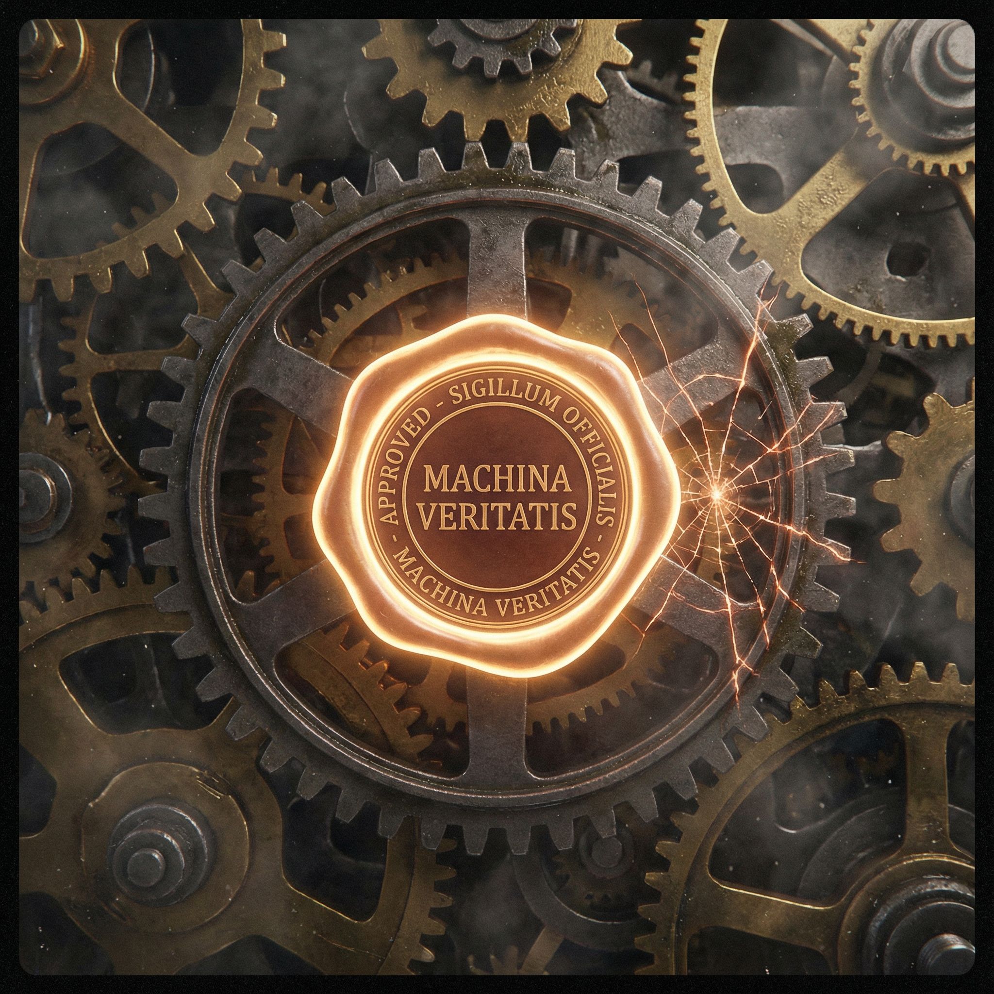 복잡하게 맞물린 톱니바퀴 위로 빛나는 공인 승인 도장이 찍혀 있고, 한쪽 톱니에 불길한 금이 가기 시작한