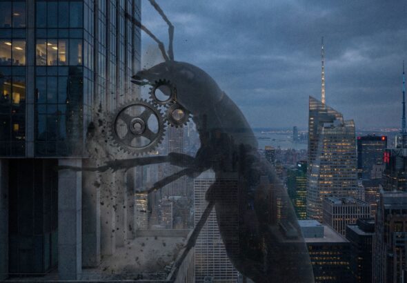 톱니바퀴 턱을 가진 거대한 그림자 흰개미가 현대 도시의 고층 빌딩 기반을 조용히 갉아먹는 모습이다.