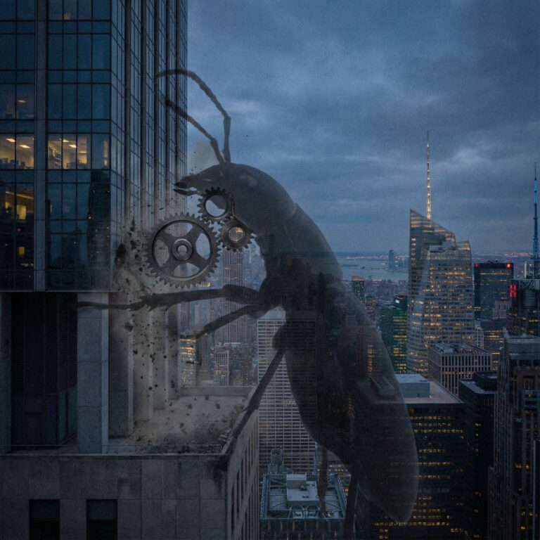 톱니바퀴 턱을 가진 거대한 그림자 흰개미가 현대 도시의 고층 빌딩 기반을 조용히 갉아먹는 모습이다.