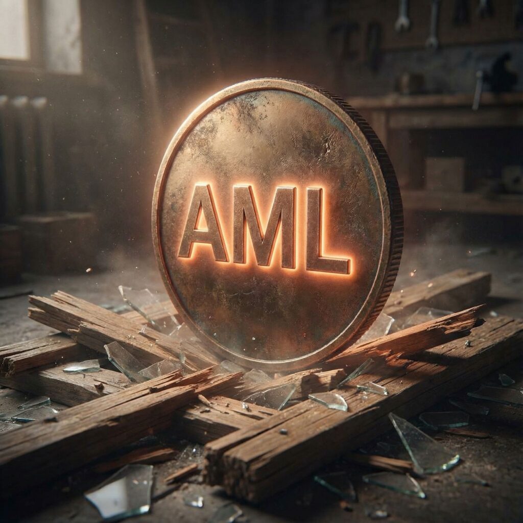 빛나는 AML 동전이 유리와 나무로 된 작은 플랫폼을 짓누르고 있는 모습이다.