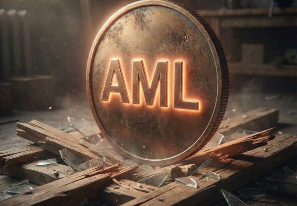 빛나는 AML 동전이 유리와 나무로 된 작은 플랫폼을 짓누르고 있는 모습이다.