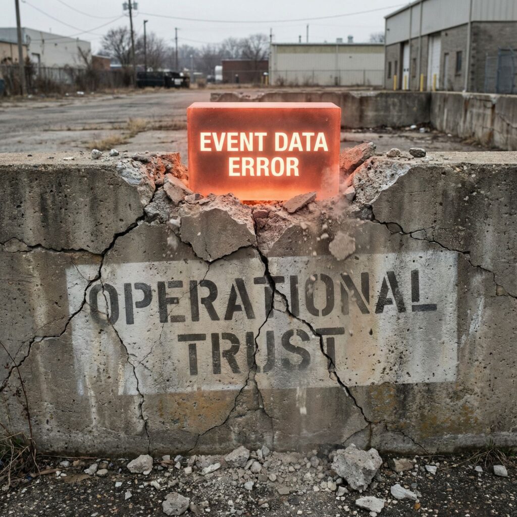 균열이 간 '운영 신뢰'라 적힌 기초 위에 빛나는 '이벤트 데이터 오류' 벽돌 하나가 무게로 인해