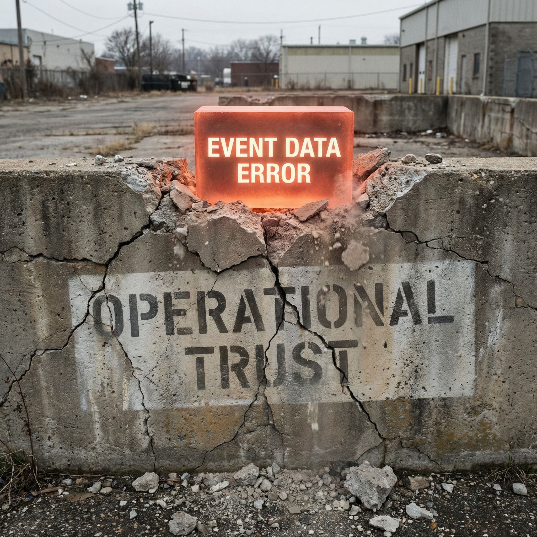 균열 난 콘크리트 위에 붉게 빛나는 오류 표식이 솟아오르며 기반이 흔들리는 장면