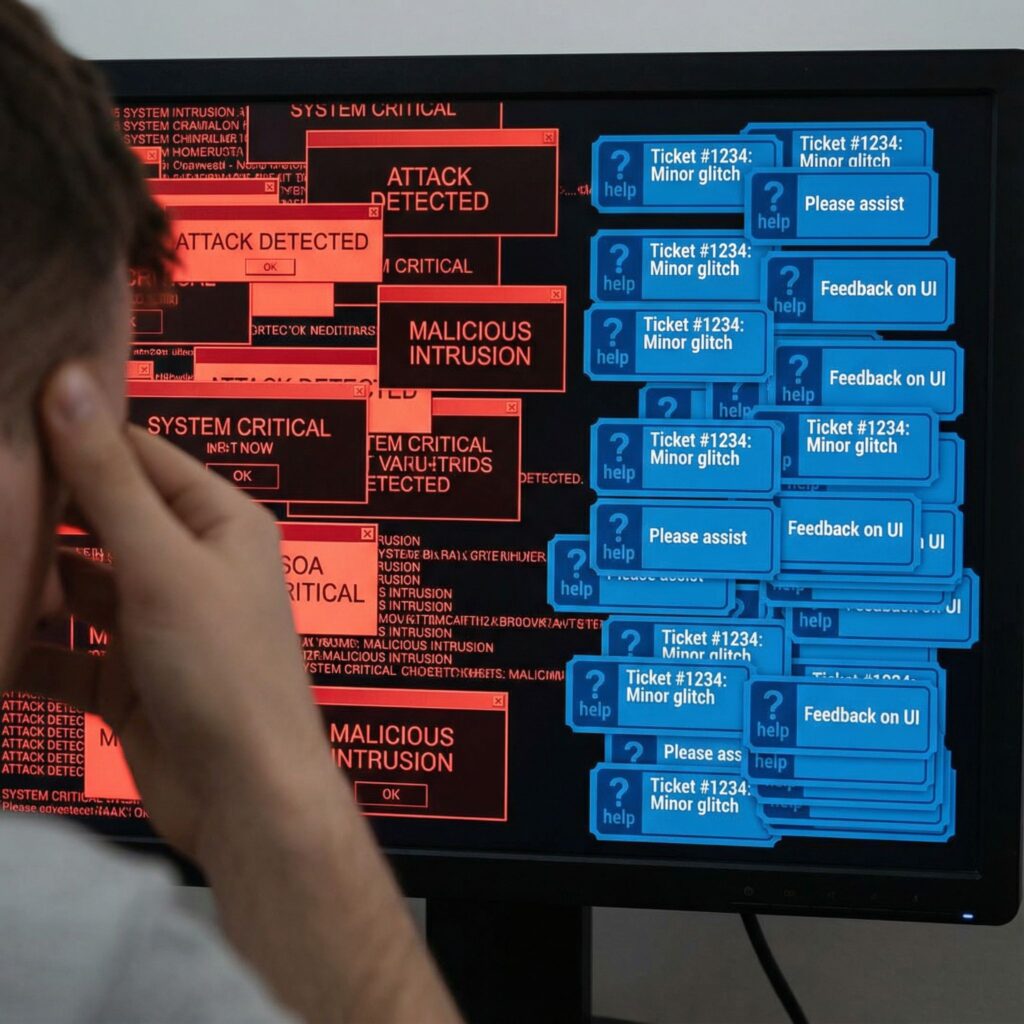 화면은 공격적인 빨간색 공격 메시지와 정중한 파란색 문의 티켓이 혼재하여 스트레스 받는 게임 운영자의