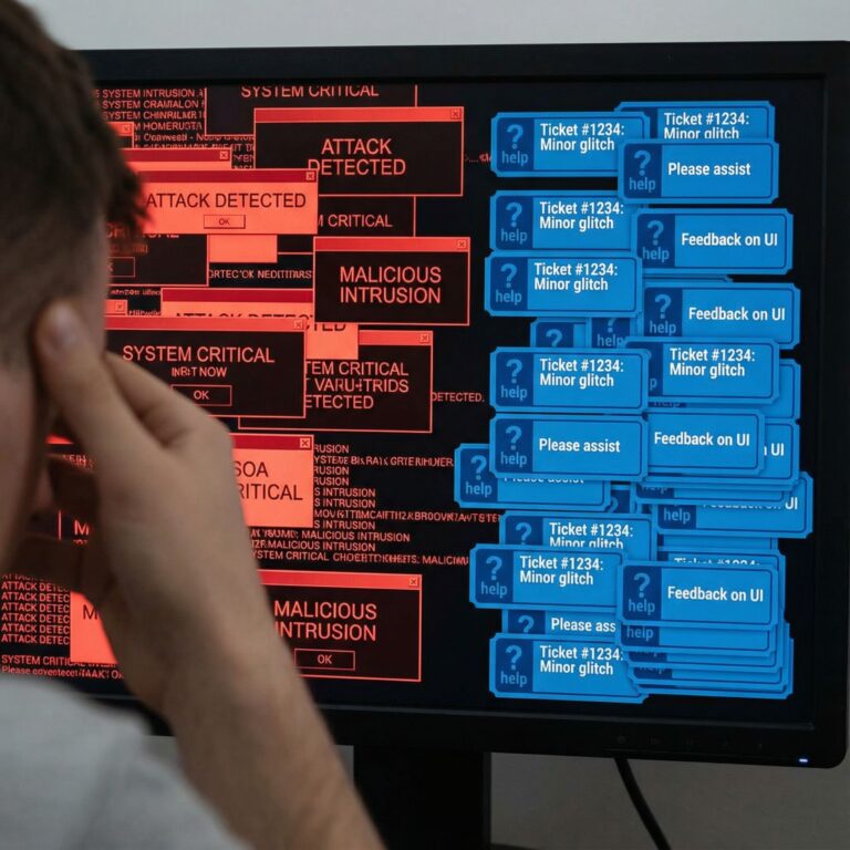 화면은 공격적인 빨간색 공격 메시지와 정중한 파란색 문의 티켓이 혼재하여 스트레스 받는 게임 운영자의