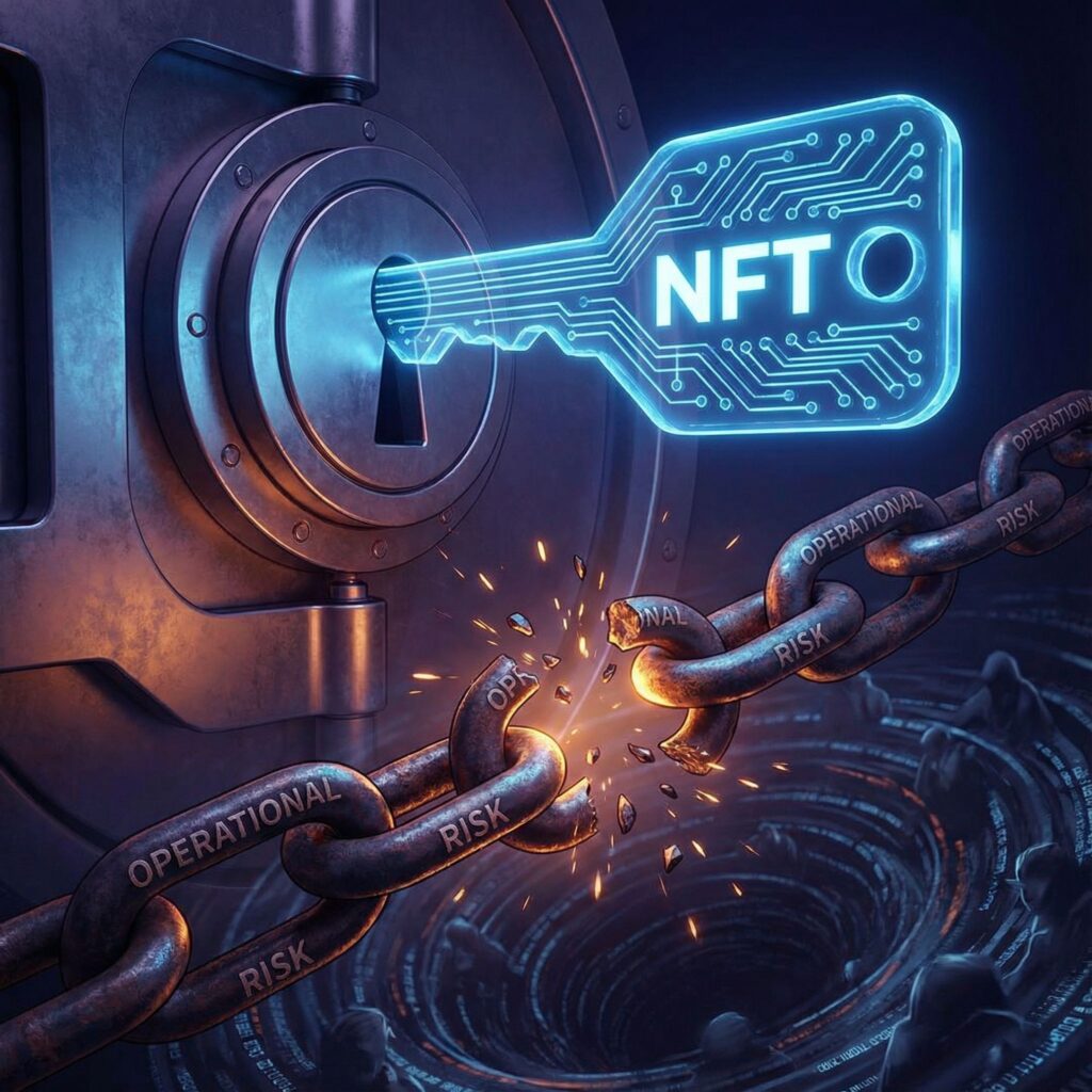 빛나는 NFT 디지털 열쇠가 금고를 열며, 무거운 운영 리스크 쇠사슬이 부서져 어둠 속으로 떨어지는