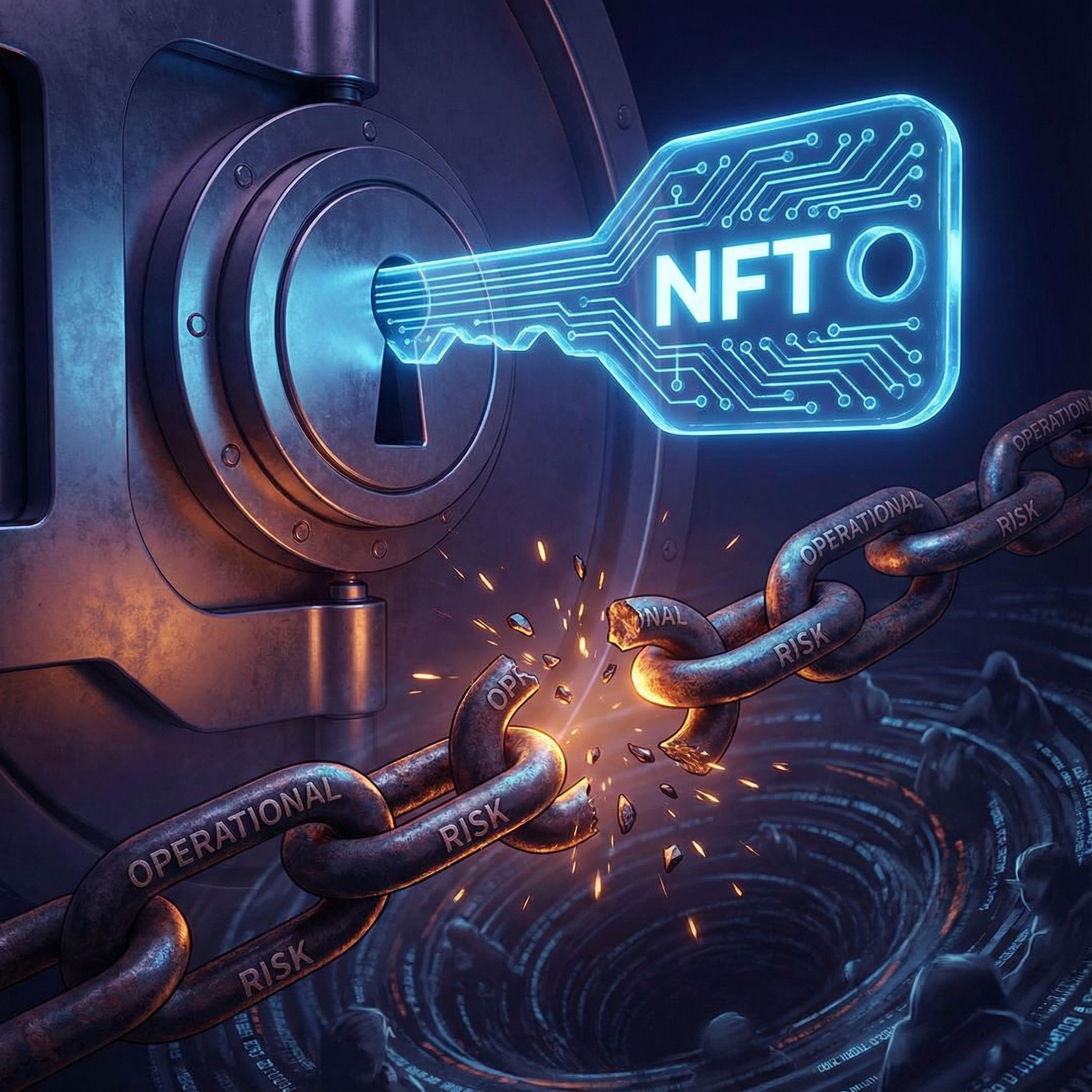 금고 자물쇠에 꽂힌 빛나는 열쇠 형상이 사슬을 끊으며 통제의 전환을 보여주는 장면