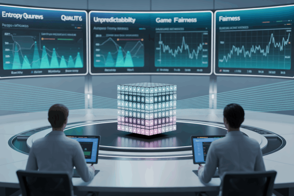 두 분석가가 대형 데이터 큐브와 다양한 통계 패널을 참조하며 게임 공정성을 검증하는 하이테크 분석실.