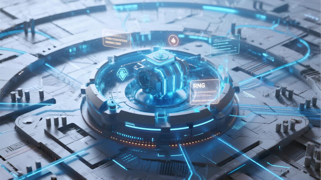 중앙 코어 장치에서 다수의 신호 라인이 퍼져나가며 RNG 처리 흐름을 시각화한 기술적 이미지.