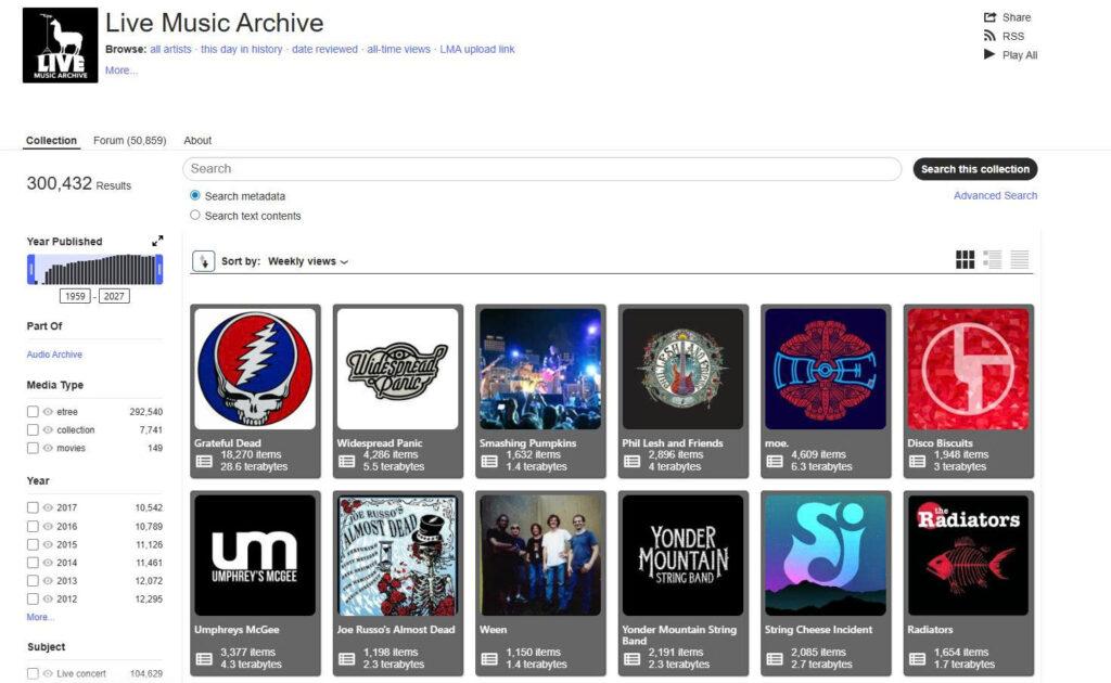Internet Archive Live Music Archive showing permission-based concert recordings organized by artist and performance date
