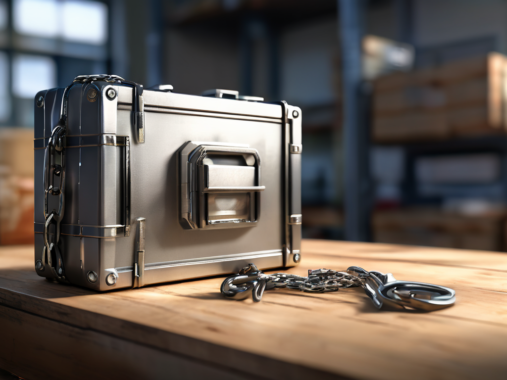 Storage case with chain and location blocks on brushed metal, morning light.