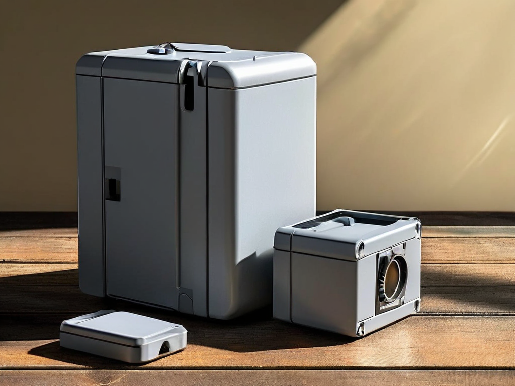Gray portable drive with stacked blank data blocks and small capacity gauge on matte studio surface, soft side light.