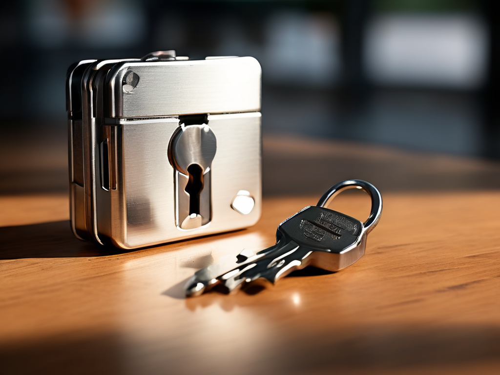 Brushed metal surface with a small padlock, closed key case, and blank security card arranged for account safety.
