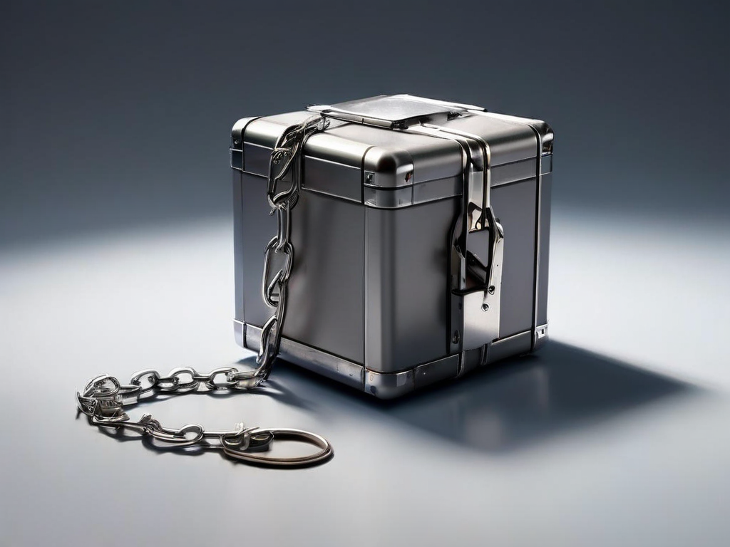 A sealed metal storage case with a short chain beside it, and small blocks linked to file location icons, on a gray studio...